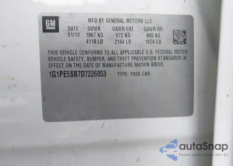 2013 Chevrolet Cruze 2Lt Auto z USA, uszkodzony, nr VIN 1G1PE5SB7D7226053